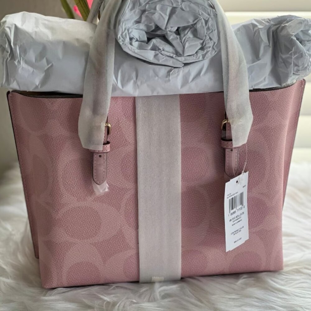 NWT Coach Mollie Tote Bag 25 In Signature Canvas in Powder Pink CAL50 - Picture 2 of 5